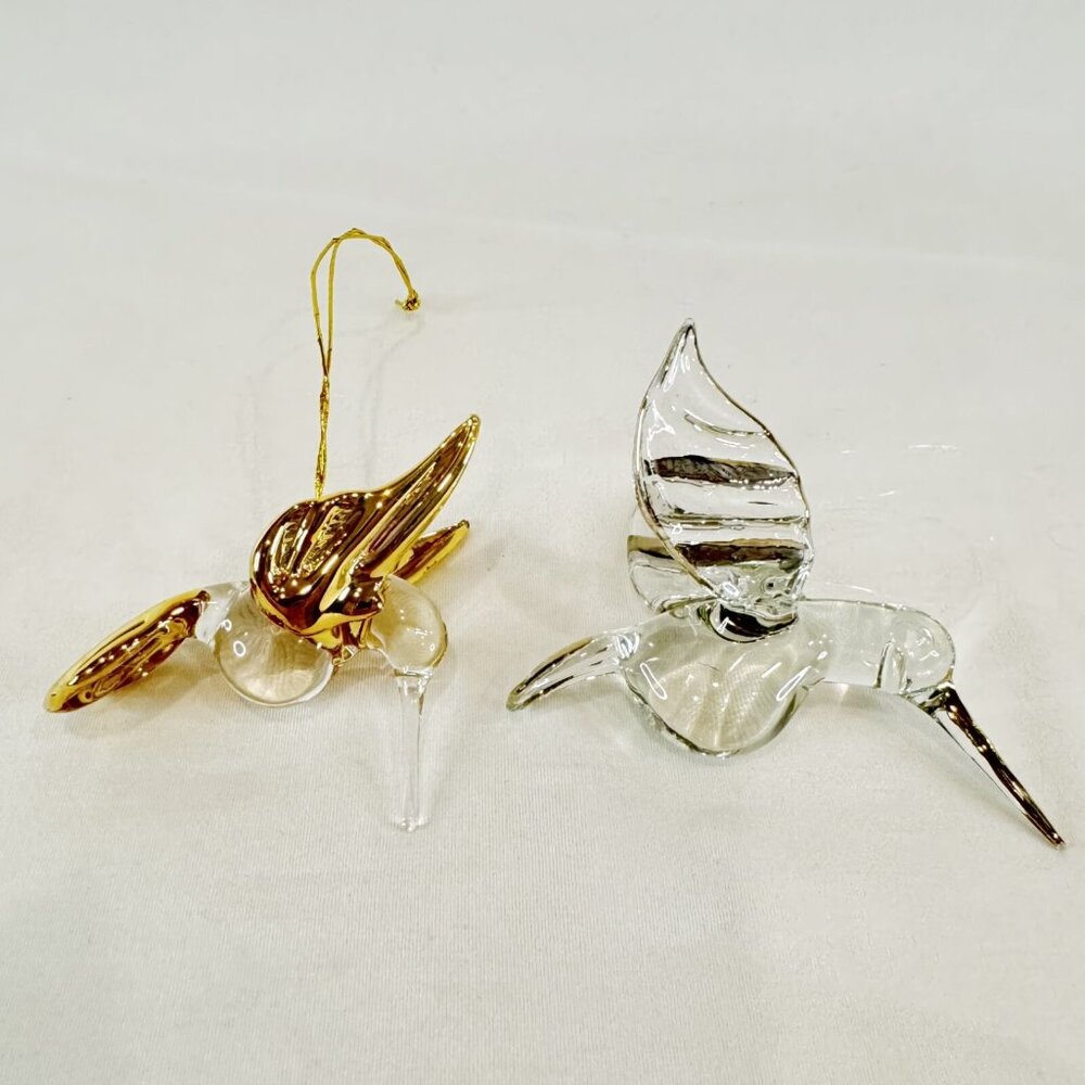 2 Blown Clear Glass Humming Birds Handcrafted Ornaments Gold Silver Details